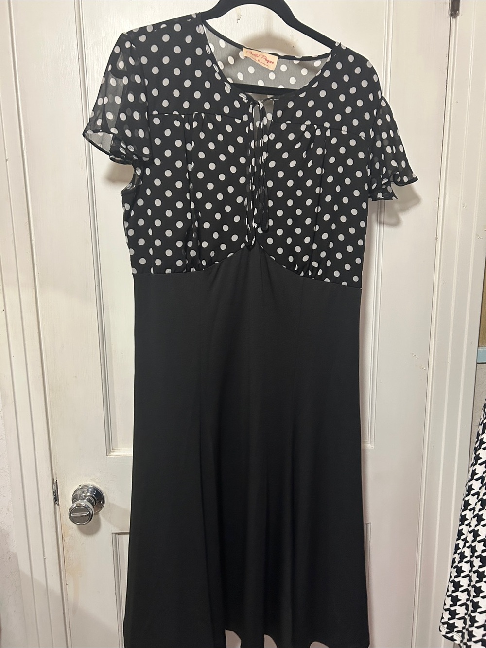 Black and White Polka Midi Dress with Tie Neck